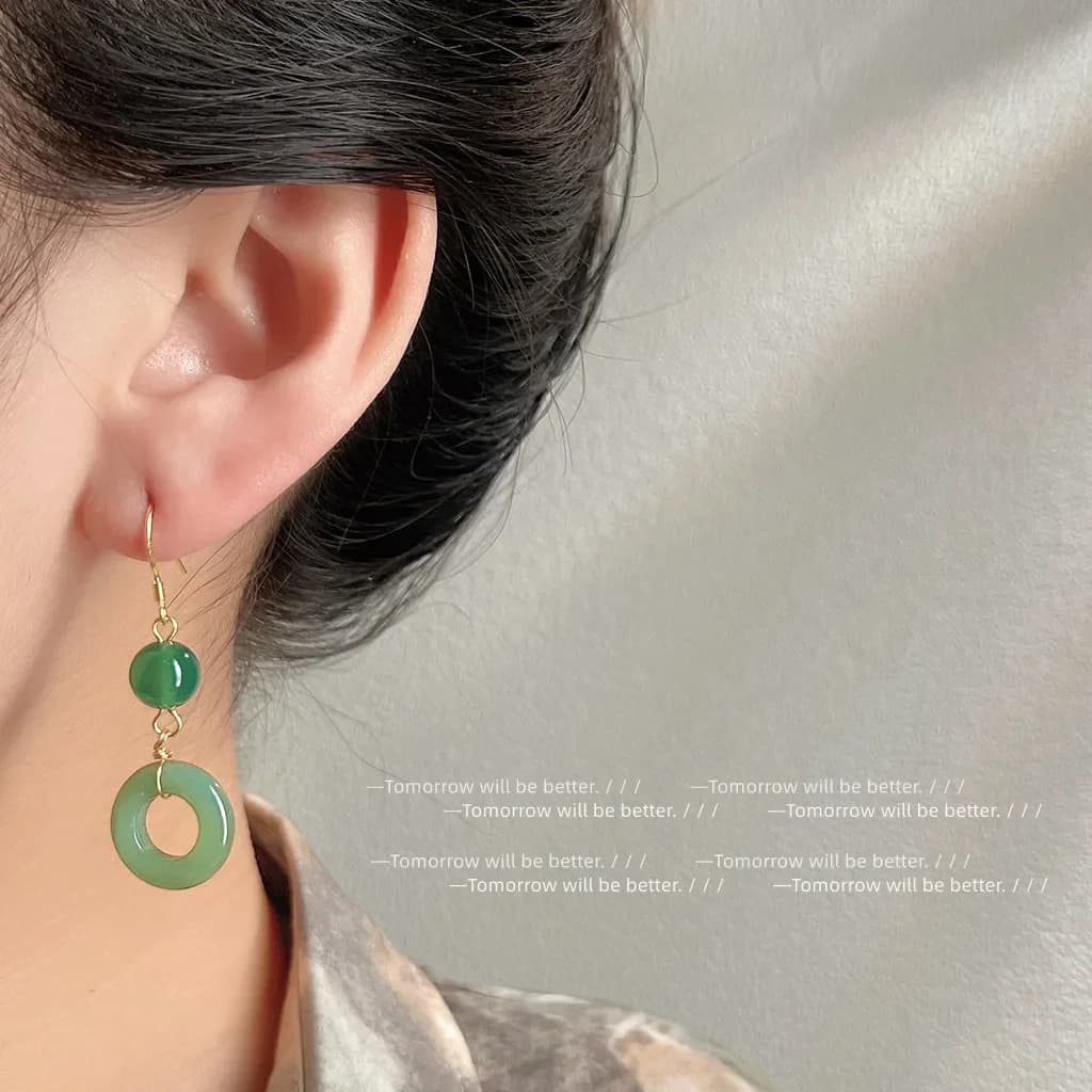 Orecchini ad anello in vera giada verde Amuleto intagliato fortunato Gioielli naturali Pietra preziosa energetica Regalo Accessori donna Moda Vintage