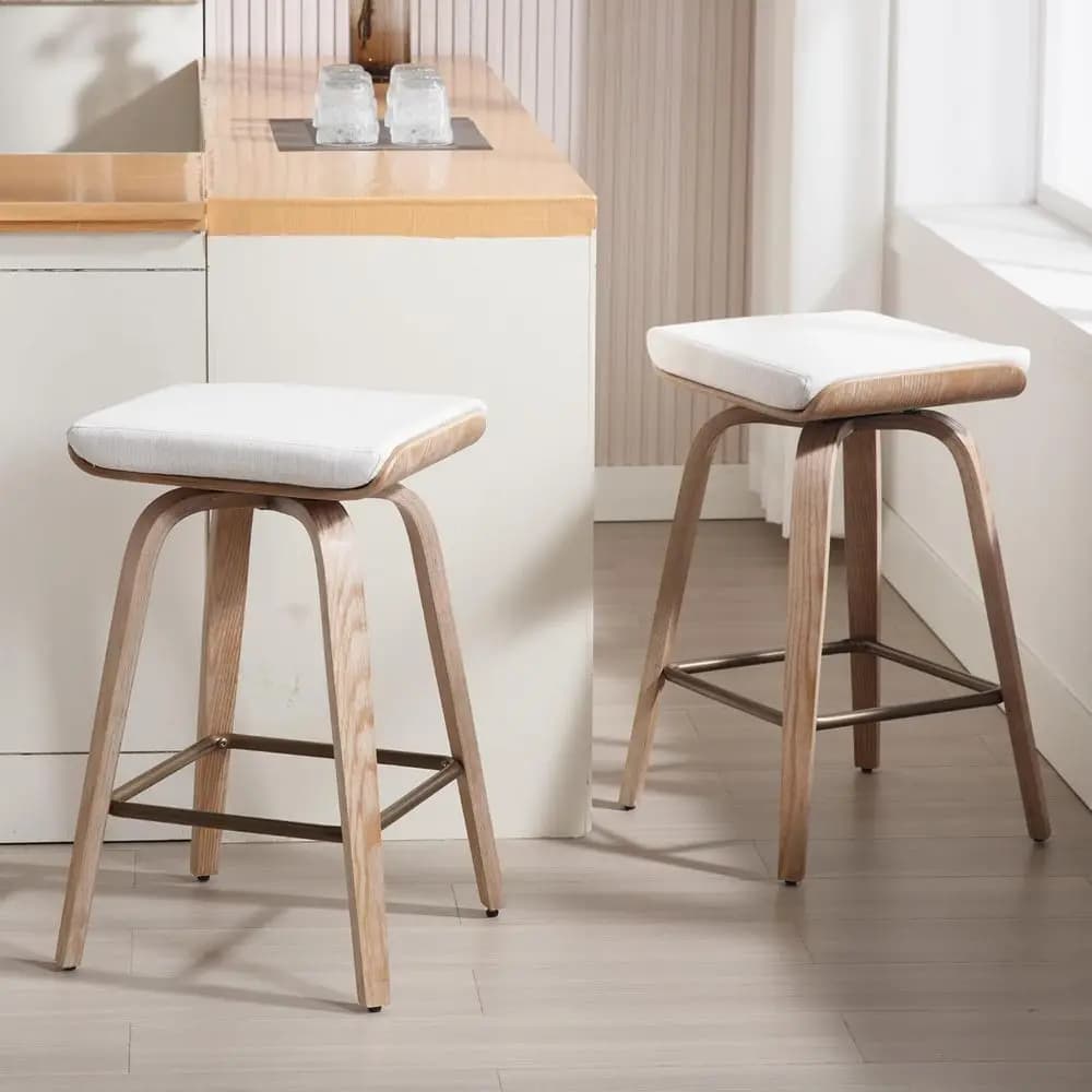 Set di 2 Sgabelli da Bar Girevoli con Seduta Imbottita in Lino, Altezza Bancone, Beige, per Isola Cucina