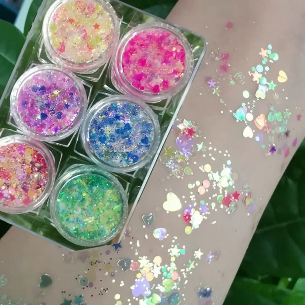Set da 6 Pezzi Gel Glitter Colorato Scintillante per Occhi, Viso e Capelli con Paillettes a Forma di Cuore, Stella e Luna