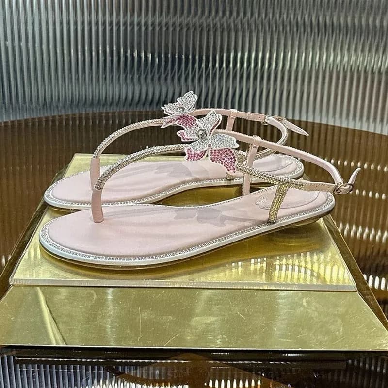 Sandali da donna con strass e decorazioni floreali per le vacanze, scarpe sabbiose estive, punta pizzicata, sandali piatti con cinturino bordato con strass