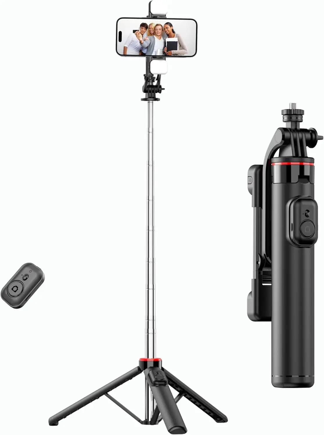 C13D Asta Selfie con Treppiede da 53 Pollici, 8 Luci LED con 3 Temperature di Colore, Telecomando Bluetooth 5.2, 9 Sezioni in Acciaio Inox per iPhone