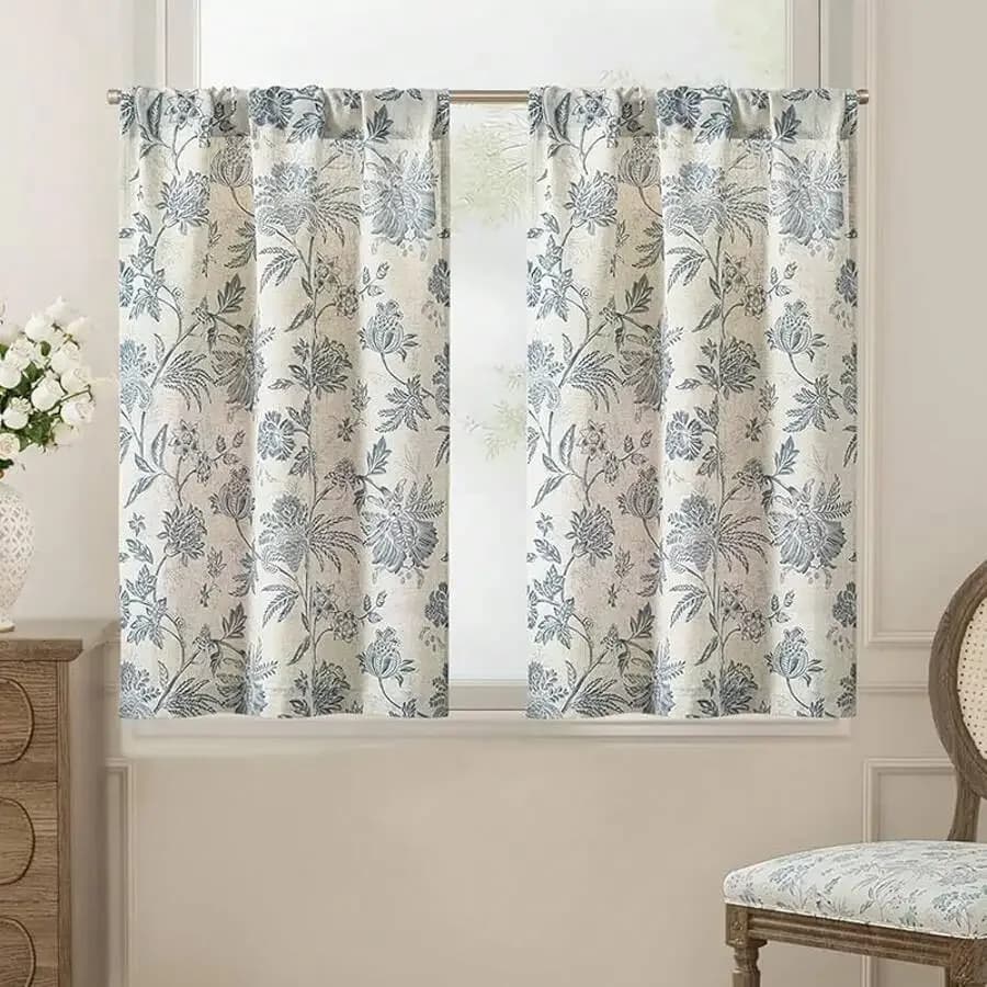 Linen Floral Tier Curtains 24 Inch Farmhouse Botanic Cafe Curtains Filtering Drapes Small Back Tab Half Window Kitchen Living