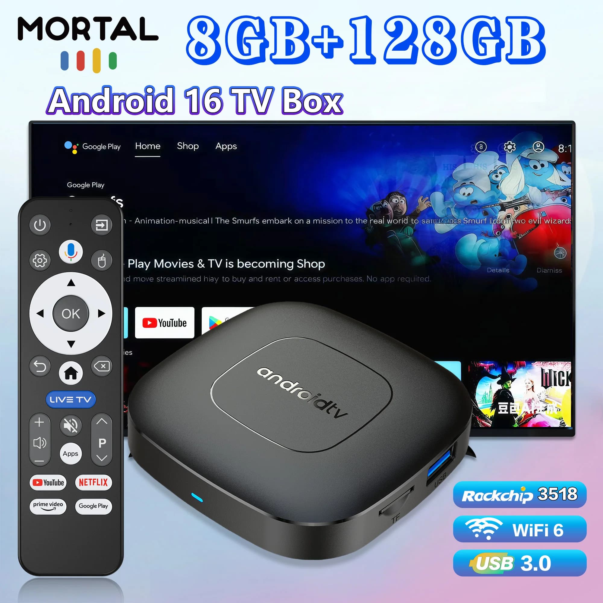 Mortal T1 Android16 TV Box RK3518 Voice Google Chromecast 128G 4K HDR Wireless Dual WiFi 6 USB 3.0 Streaming Player Set Top Box