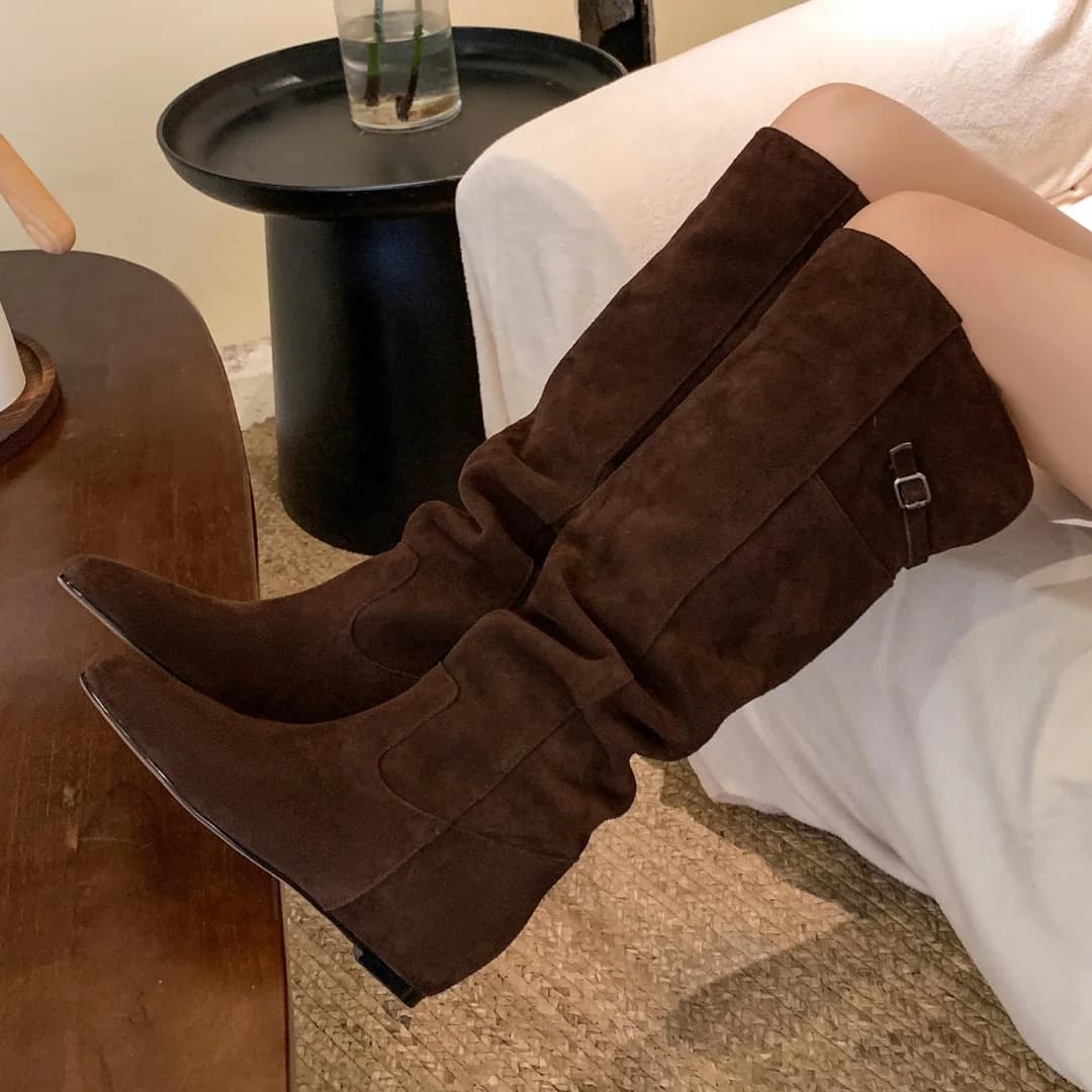 Pelle scamosciata naturale da donna 4 cm con zeppa tacco basso slip-on autunno stivali sopra il ginocchio gamba grassa femminile stivali lunghi alti stretti scarpe