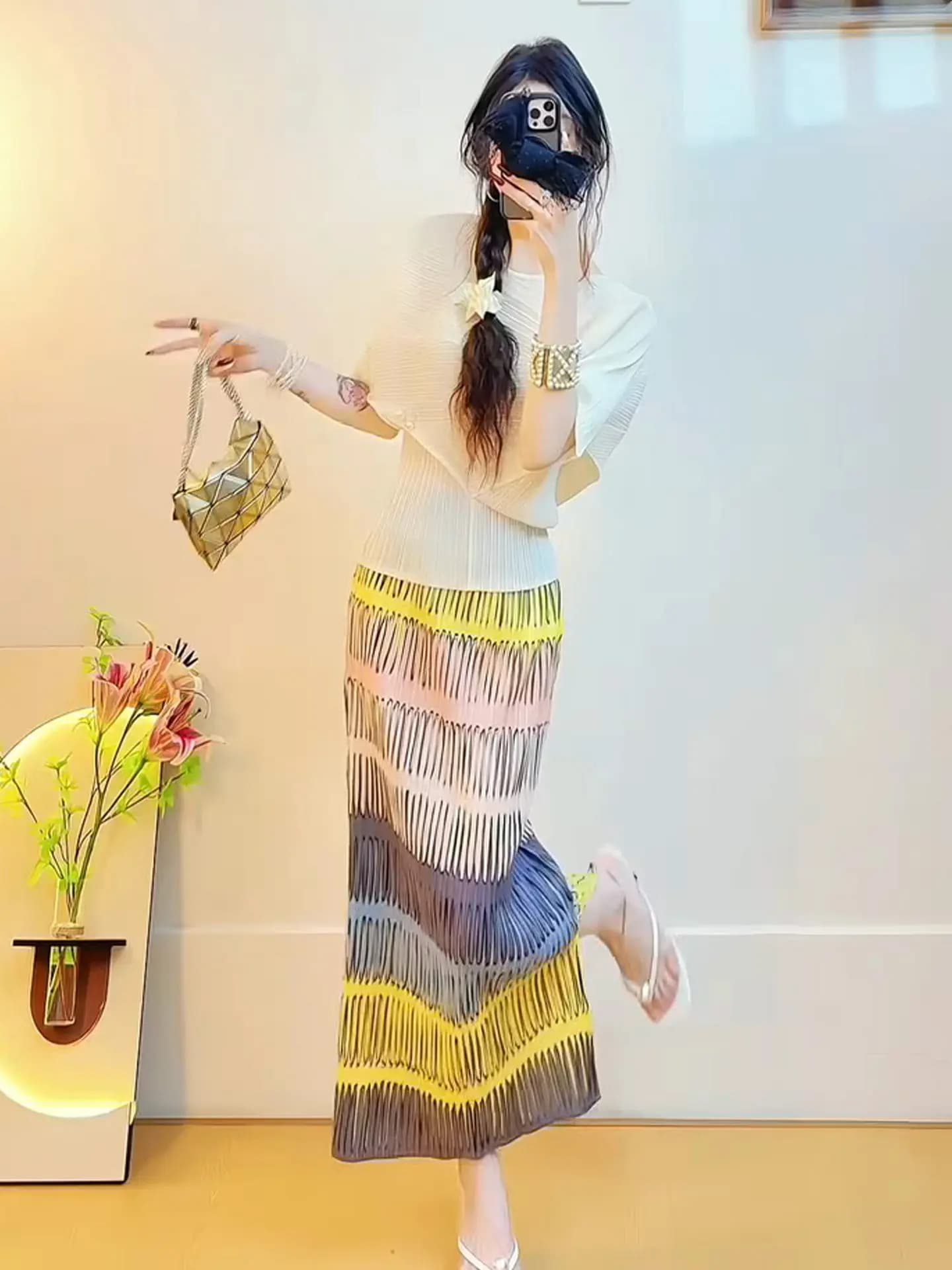 Fashionable Striped Color Block Set Women's Summer Skirt Slimming Versatile Anti-Aging Three-Zone Crease Design Short Sleeve