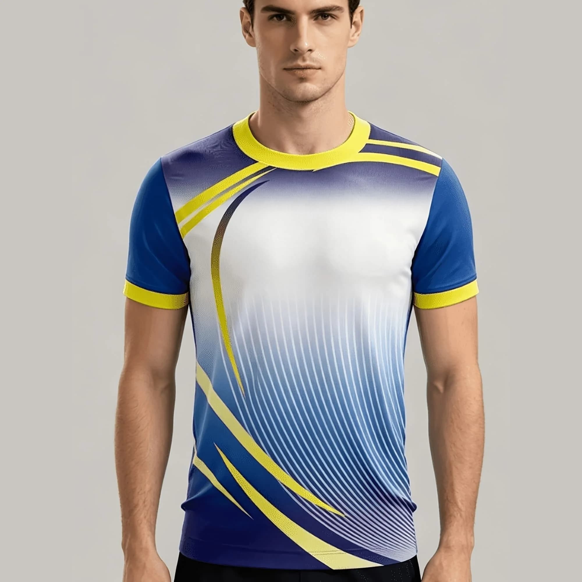 Men Team Uniform Blue Yellow Gradient Print Quick Dry Short Sleeve Soccer Volleyball Club Training Breathable Sport Jersey Tops