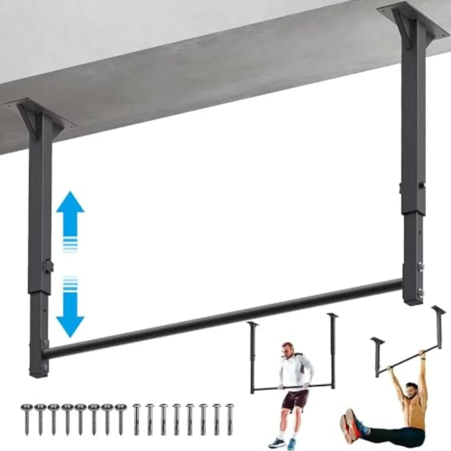 48 inch ceiling traction bar, durable, multi-handle, with adjustable height, black steel frame, perfect for home gym