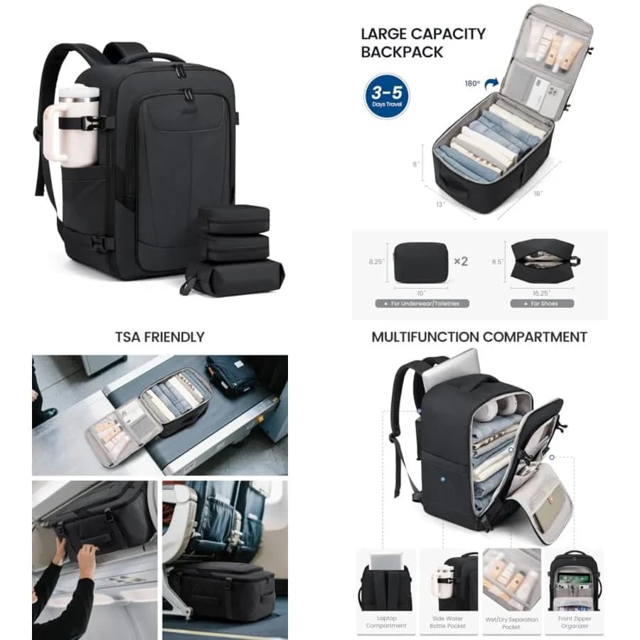 Zaino da viaggio per uomo, 40L, zaino da cabina approvato per il volo con 3 cubi organizer, borsa extra large per oggetti personali, adatta per laptop da 17,3 pollici