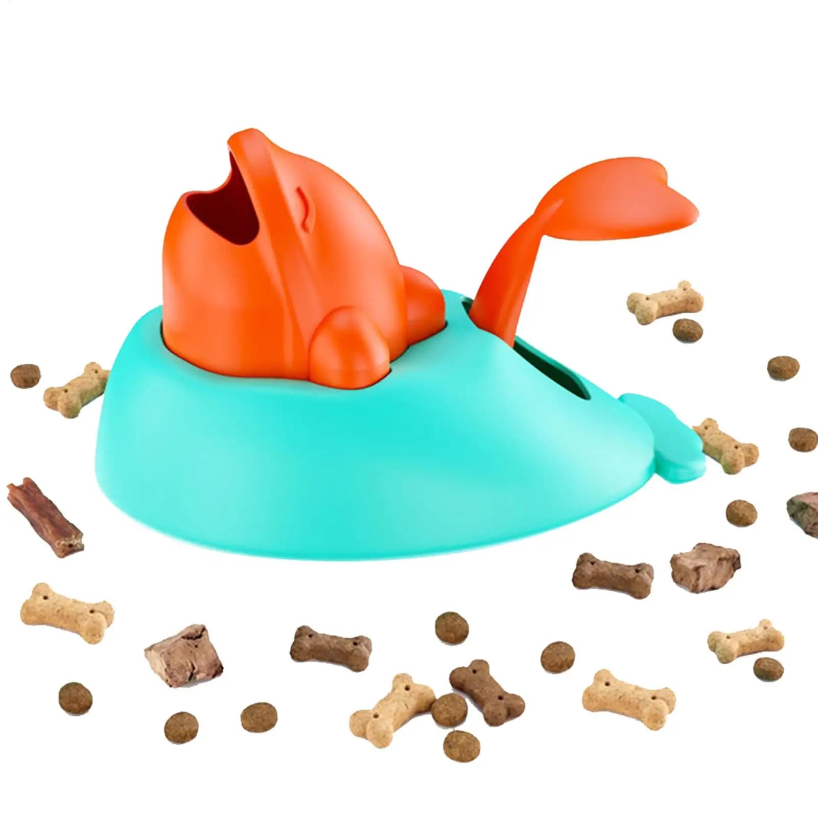 Dispenser di crocchette per animali domestici a forma di balena, gioco interattivo con puzzle alimentare, dispenser di crocchette per cani, giocattolo interattivo per l'addestramento e l'arricchimento di cuccioli e gatti