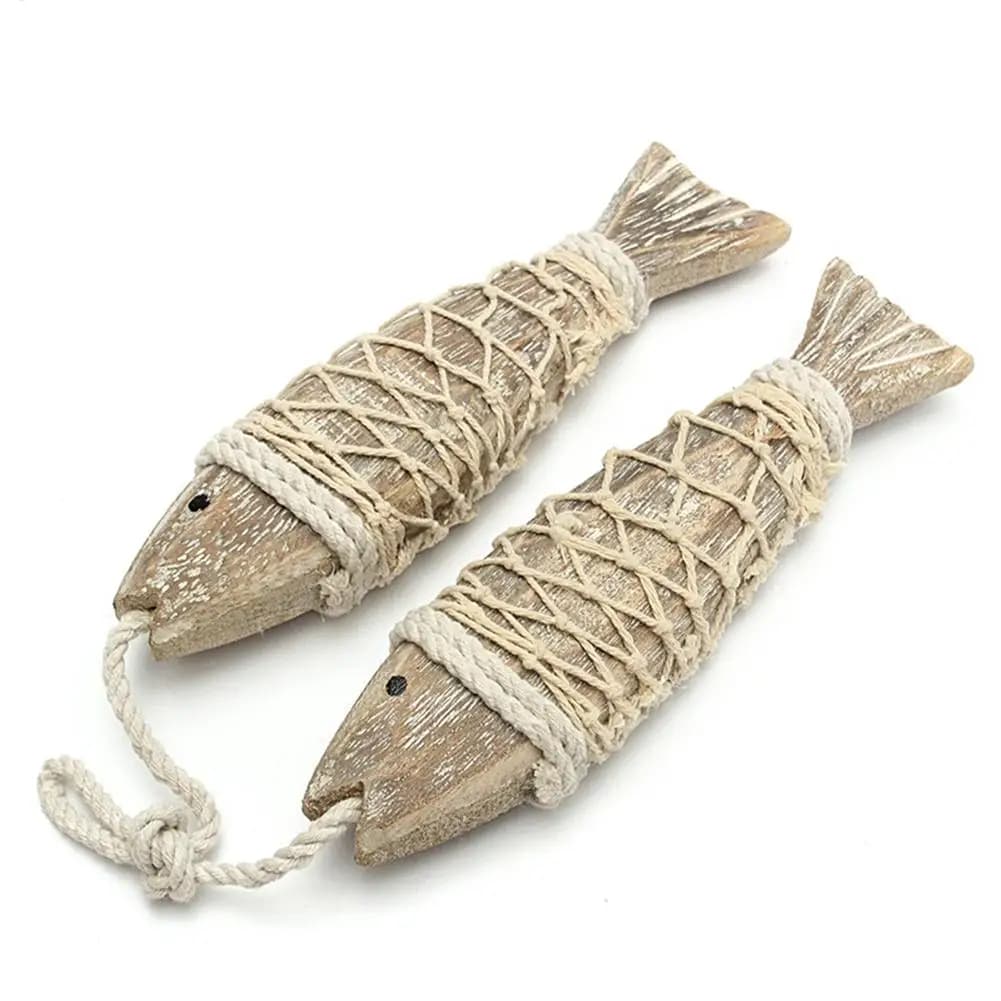 Decorazione a forma di pesce per casa al lago, 2 pezzi, scultura di pesce in legno anticato con rete da pesca, interessante decorazione artistica per stile mediterraneo