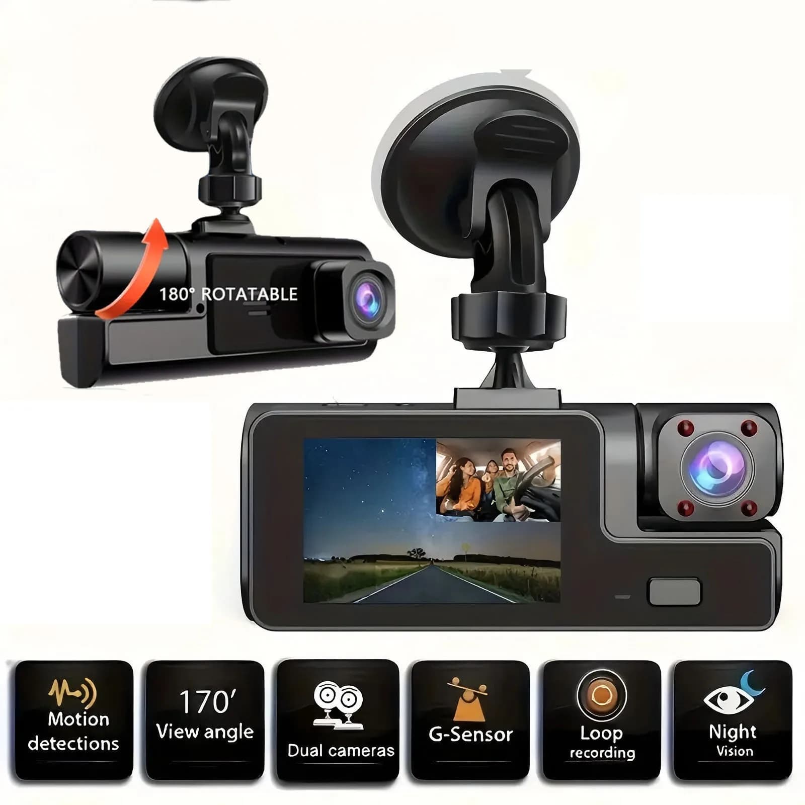 Lens resolution: 1080P. The double dash cam supports up to 32 GB of memory. The blocked files will not be deleted from storage in loops.