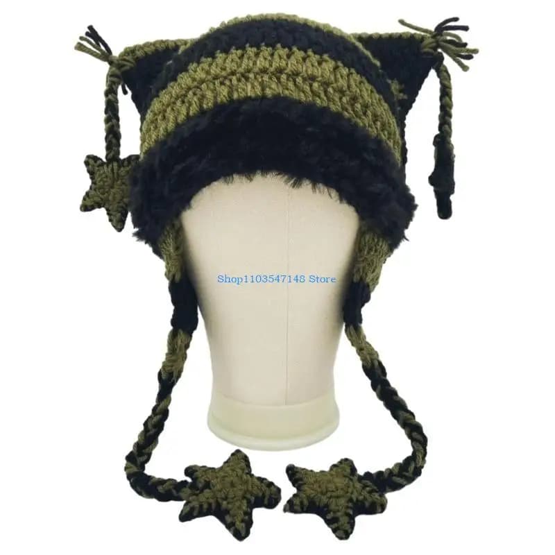 P88B Cappello con orecchie lavorate all'uncinetto per ragazze, regali a forma di gattino a righe, cappello di Halloween Y2K per adulti