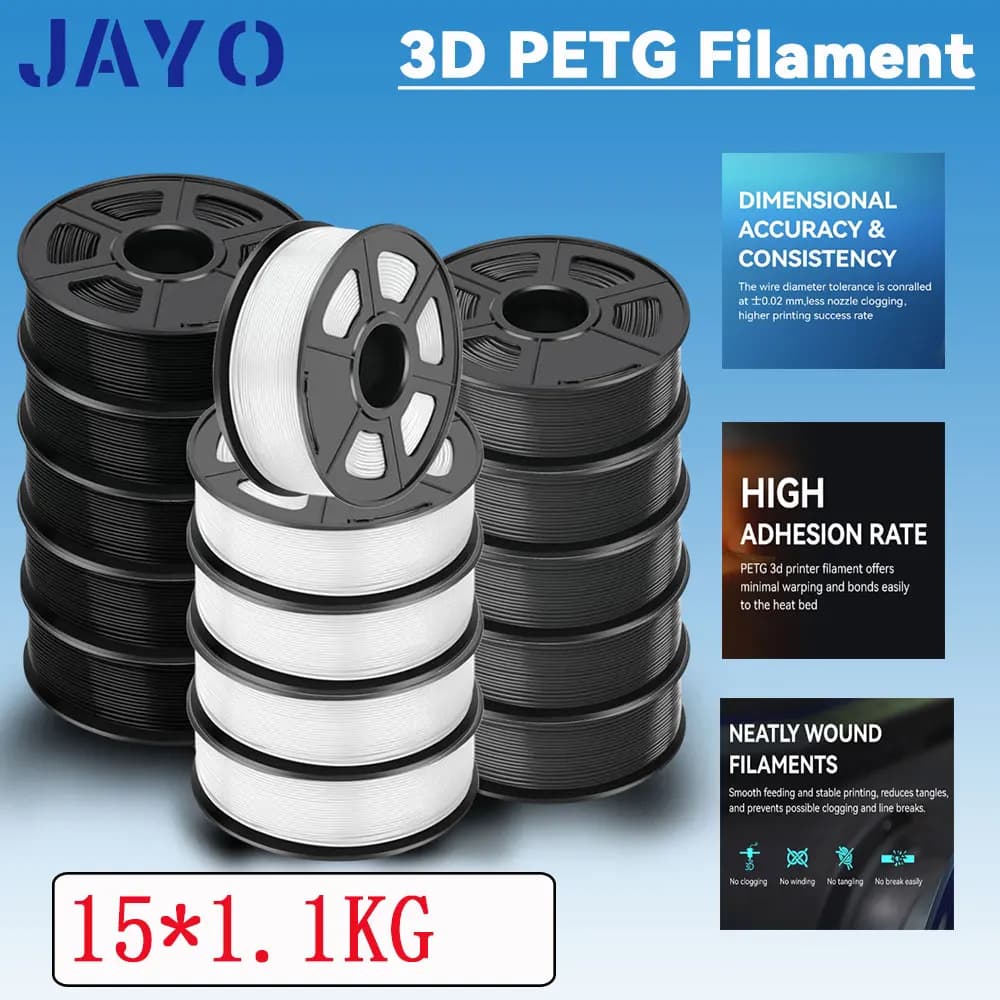 Filamento per Stampante 3D JAYO PETG 1.75mm 15*1.1KG, Materiale per Stampa 3D PETG Avvolto Ordinatamente per Stampante 3D FDM Bambu