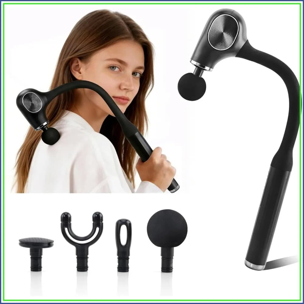 Massage gun with Brushless Motor and Extensible Handle Improved, Textile Massage Backgrounds for Relieving Pain, 4 Heads and 5 Speed, Black Silver
