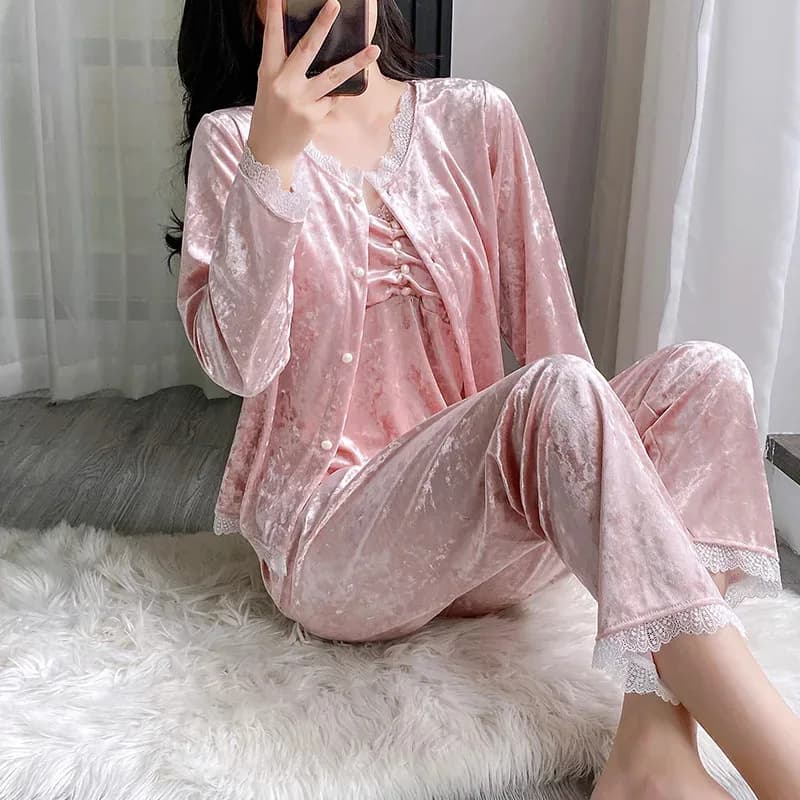 Set Pigiama Primaverile 3 Pezzi in Velluto per Donna, Vestaglia, Top con Spalline e Pantaloni, Completo Intimo, Lingerie, Abbigliamento da Notte e da Casa