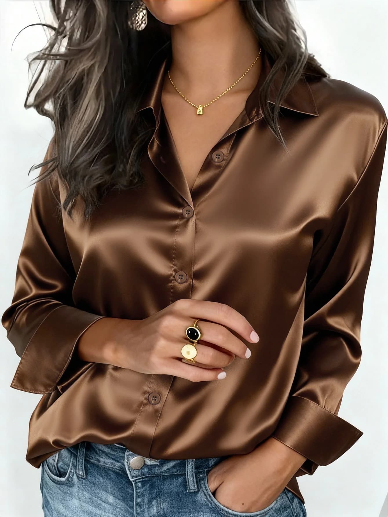 Camicetta in Raso con Bottoni per Donna, Elegante Camicia con Colletto per Ufficio o Uso Casual, Autunno Inverno Primavera