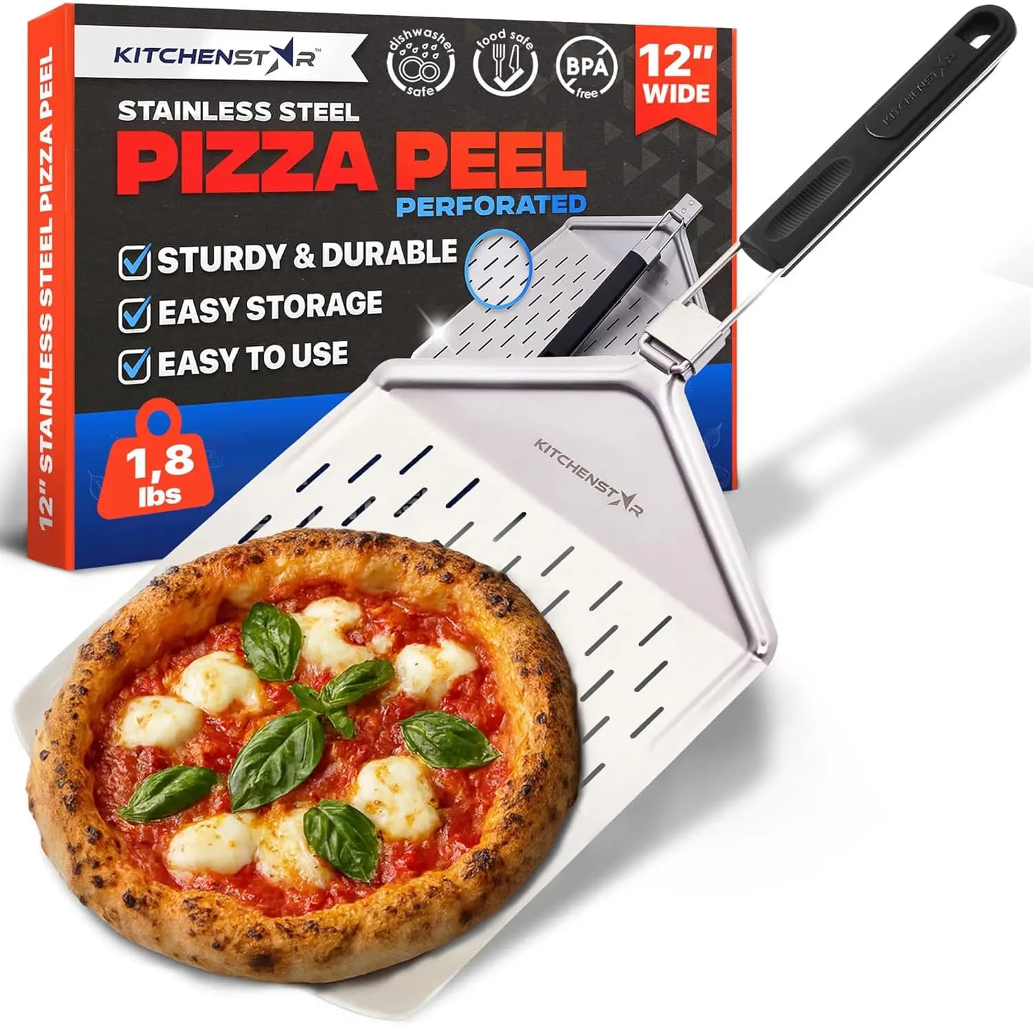 Pala per Pizza Perforata da 12 Pollici con Manico Pieghevole, Spatola in Acciaio Inox per Facile Trasferimento e Conservazione
