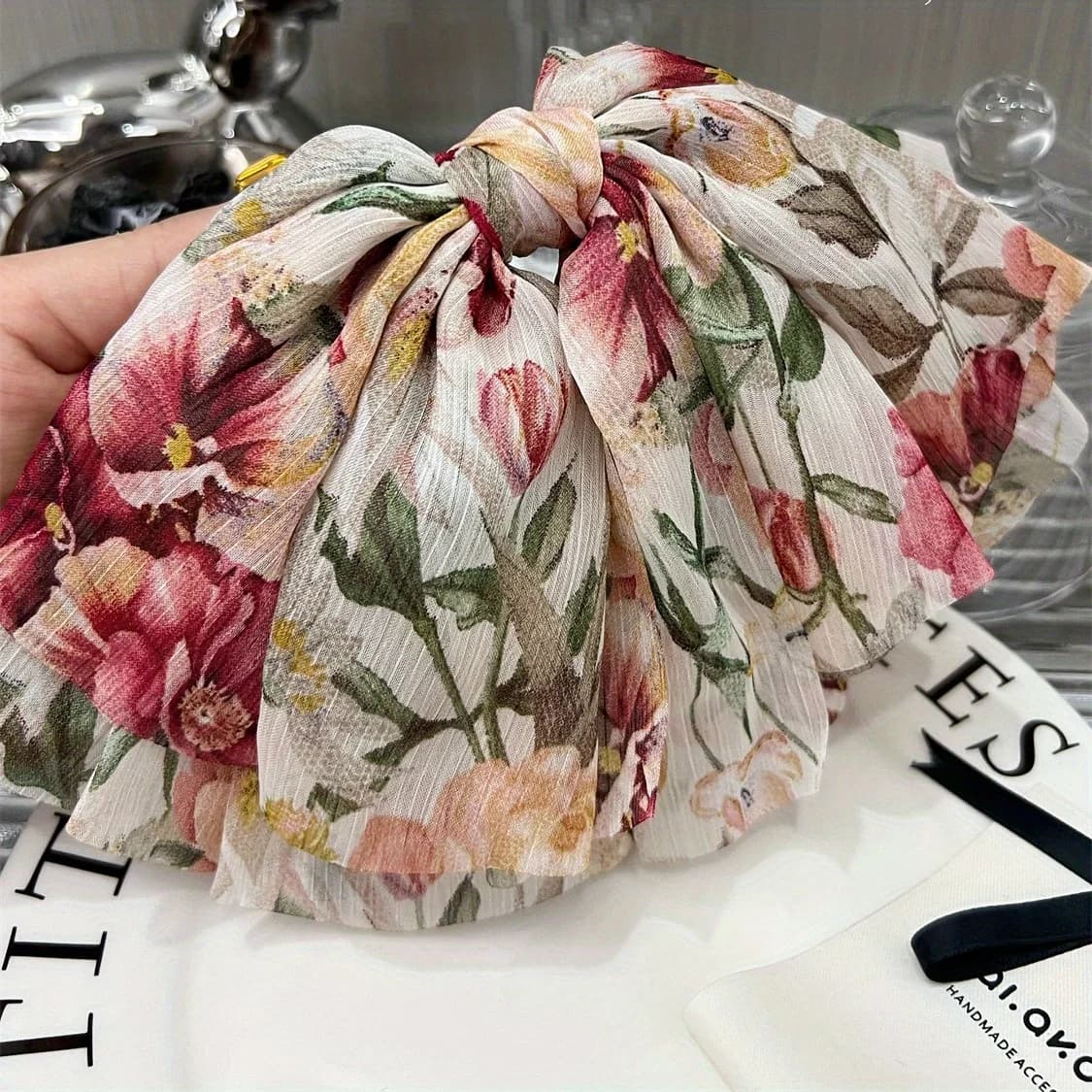 Korean Accessories French Garden Hair Clip - Oversized Chiffon Rose & Velvet Bow Hair Accessories for Girls