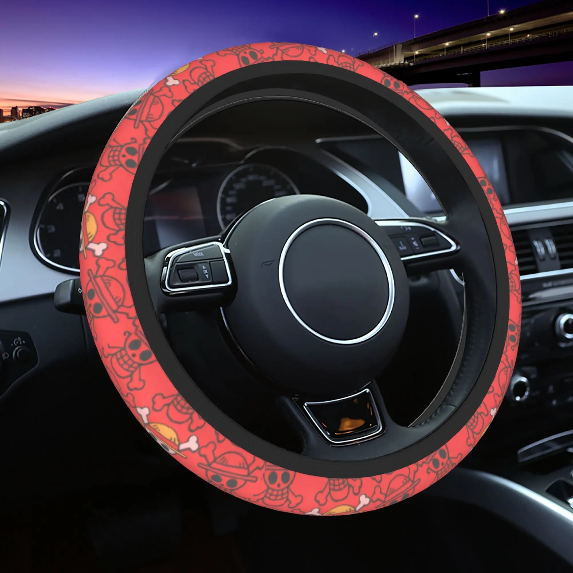 Coprivolante Auto One Piece Pirati Teschio 37-38 cm Antiscivolo, Protezione Volante, Decorazione Auto, Accessori Auto