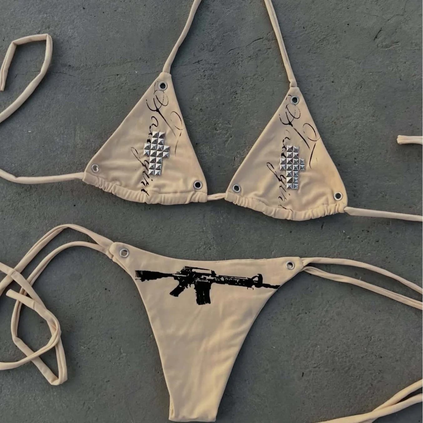 Bikini Gotico Spice Girls Sexy con Stampa Lettere e Strass, Top e Slip Separati, Due Pezzi per Estate, Spiaggia, Piscina e Vacanze