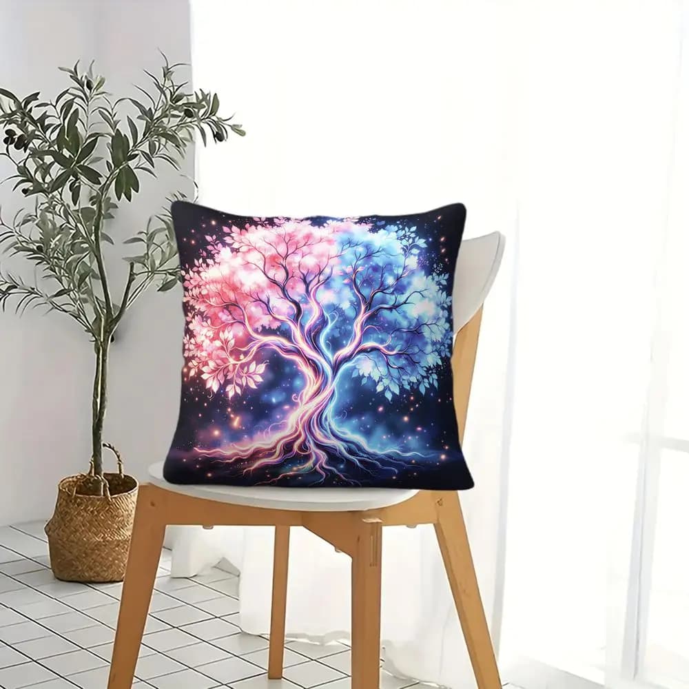 Neon Split Tree Print Throw Pillow, Vibrant Pink Blue Coral White Digital Printed Cushion Cover for Sofa Bedroom Living Room Hom