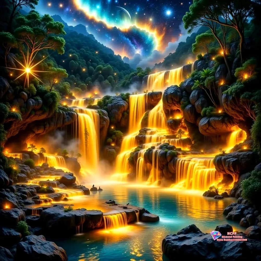 Set Pittura Diamante 5D Fai da Te con Cascata Luminosa nella Foresta e Cielo Galattico, con Diamanti Quadrati e Rotondi, per Artigianato, Decorazioni per la Casa e Regali