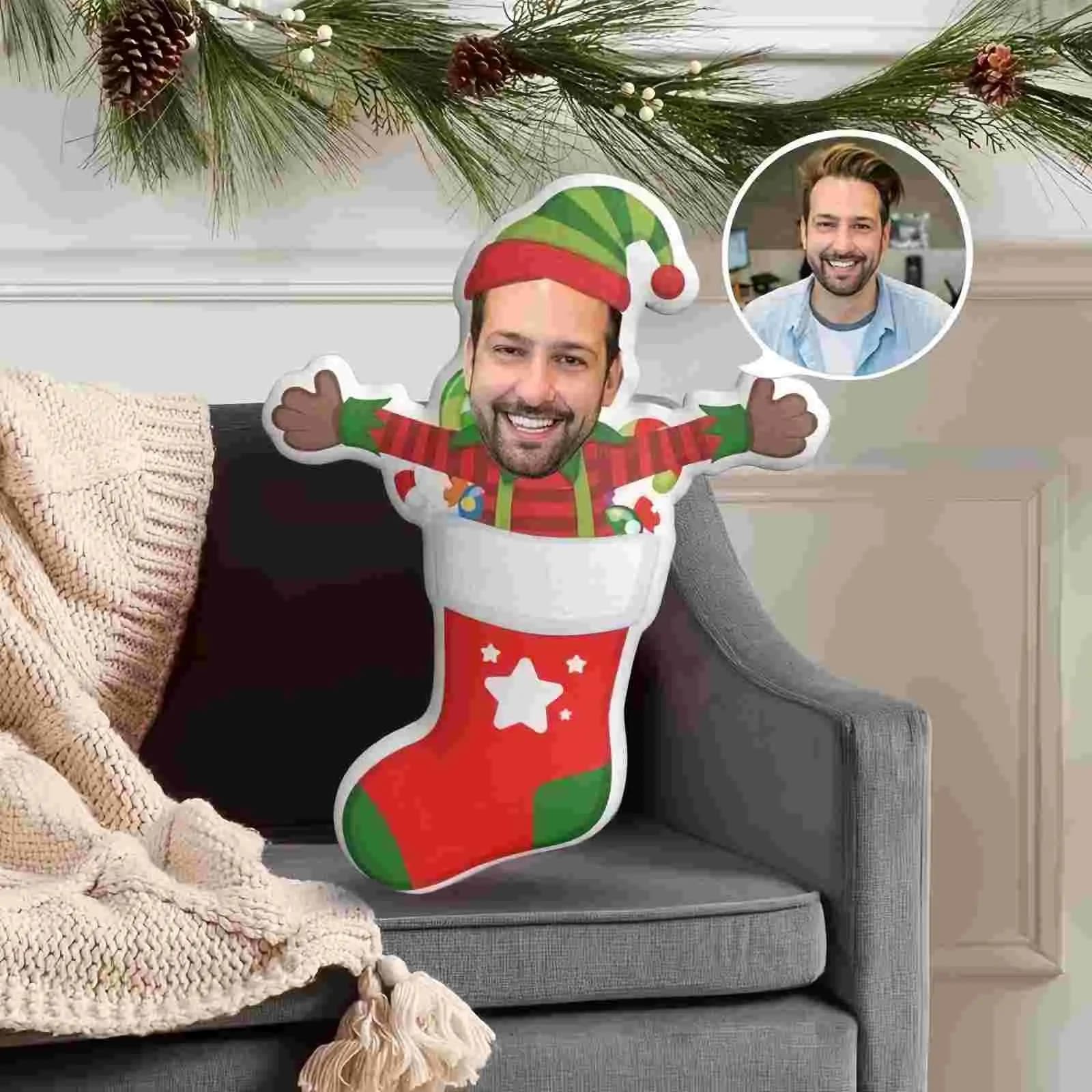 Cuscino natalizio a forma di calzino per il tuo personaggio personalizzato, con un volto sostituibile, perfetto per souvenir o divertimento