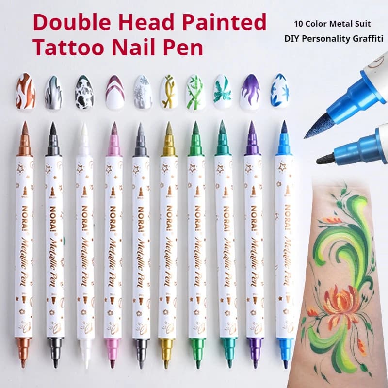 Penna per tatuaggi per unghie a doppia testa colorata in metallo da 10 pezzi, bella penna, biglietto di auguri per studenti, pittura di manuali, cancelleria all'ingrosso