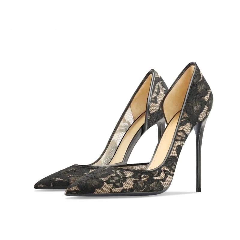 Nuove Scarpe Nere in Pizzo con Punta Affusolata e Tacco Sottile da Donna, Sexy ed Eleganti con Lato Aperto
