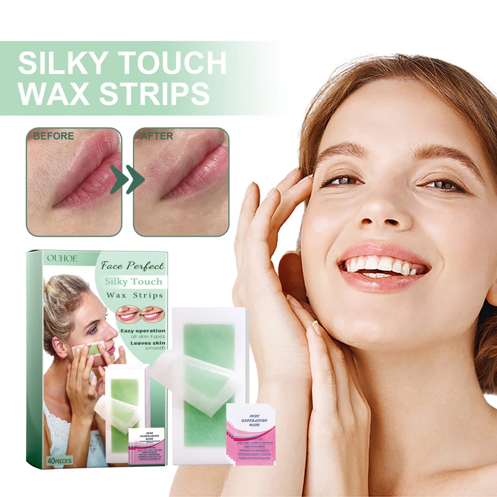 Facial Depilatory Wax Strips 40pcs Facial Wax Strips Calming Oil Wipes Hypoallergenic Eyebrow Upper Lip Hair Removal Wax Paper