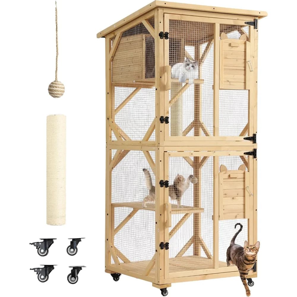 71 Catio Accesso alla finestra per recinzione per gatti da esterno, box per gatti a 4 livelli con ruote, scatola di riposo e tetto impermeabile, interno