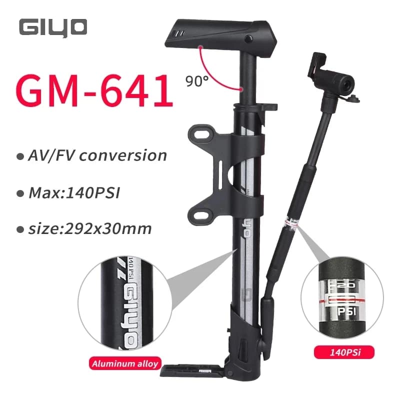 Pompa per Bicicletta da Pavimento Giyo 120/140psi, Gonfiatore Portatile per Pneumatici con Valvola Presta/Schrader Convertibile, per MTB e Bici da Strada