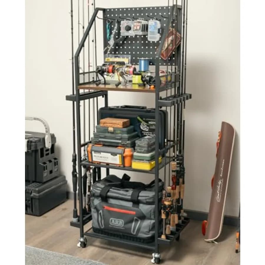 Portacanne da Pesca per Garage, Supporti per Canne da Pesca Fino a 12 Canne con Pannello Forato e Ganci, Carrello da Pesca con Ruote