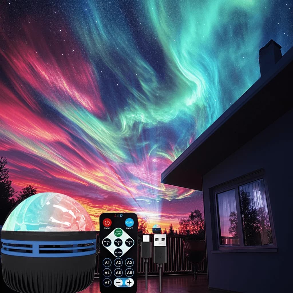 Luce notturna a LED 7 colori Proiettore cielo stellato Luce ambientale Aurora settentrionale con rotazione automatica USB remota per l'arredamento della camera da letto