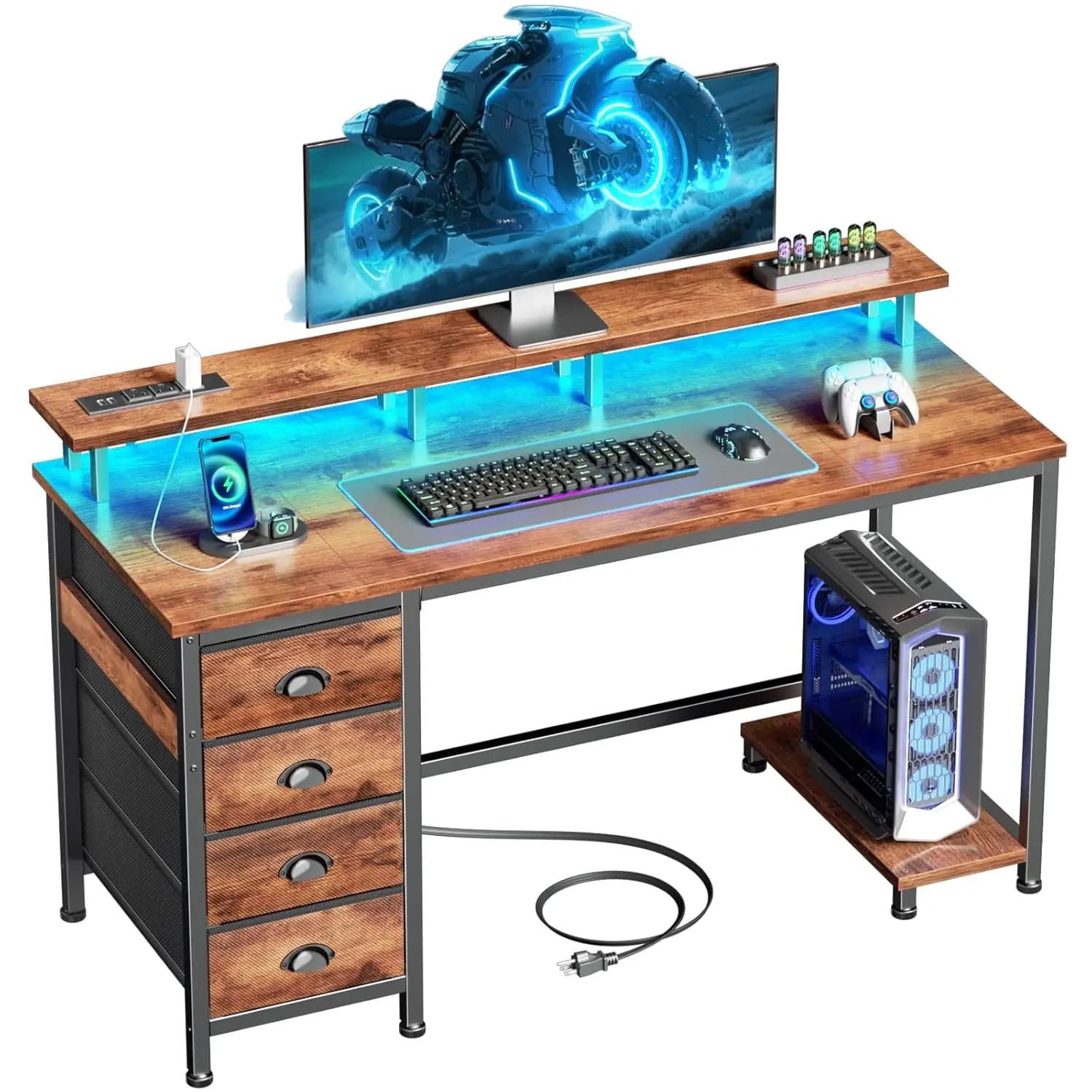 47" computer desk with 4 fabric drawers and monitor support, gaming desk with power sockets - LED lights, space saving for home office