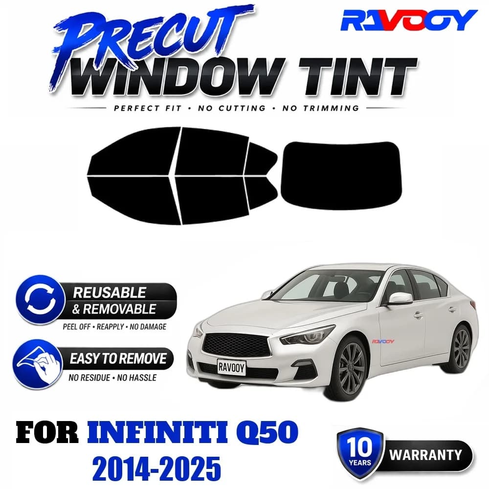 RAVOOY Precut Window Tint, Reusable Removable EPU Film, Custom Fit for Infiniti Q50 2014-2025, UV Heat Protection