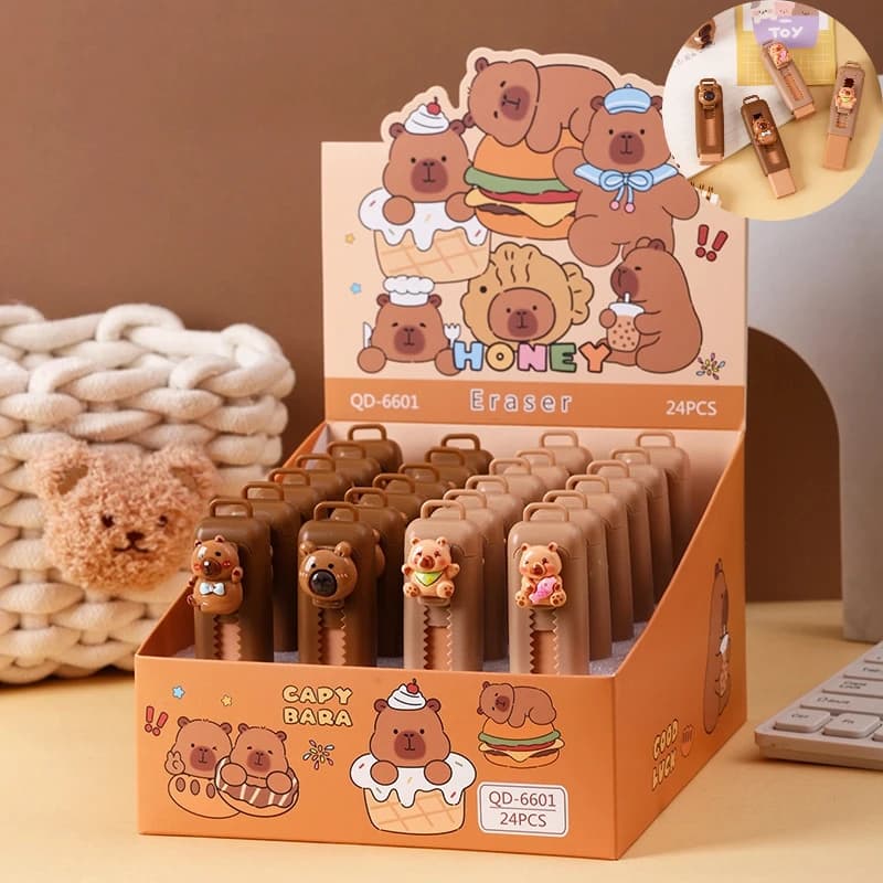 24pcs/Box Eraser Capibala Capybara Cute Cartoon Bear Retractable Set Kawaii Push-Pull Rubber Erasers School Stationery Supplies