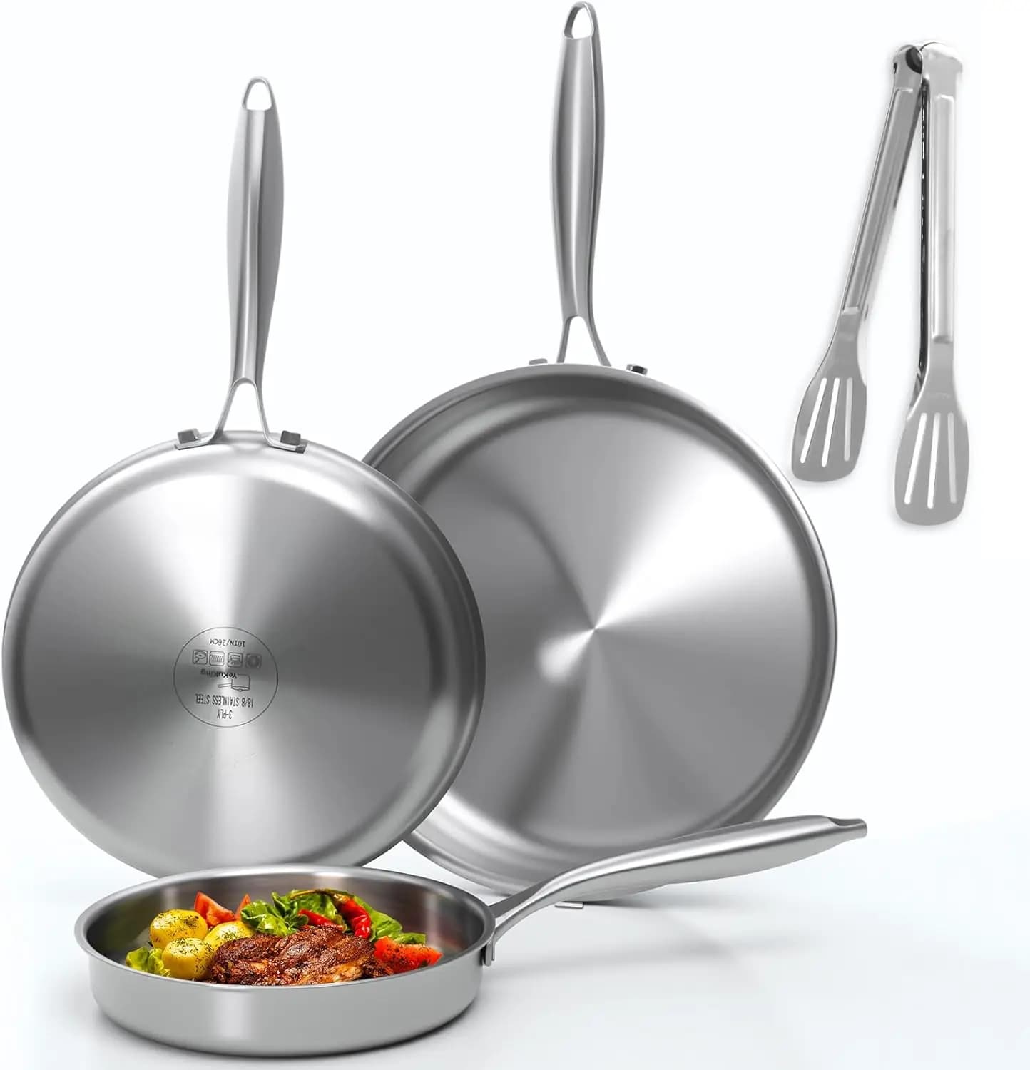 Set di Padelle in Acciaio Inox Tri-Ply 8" 10" 12", Compatibili con Induzione, Forno e Lavastoviglie, Manico Staccabile