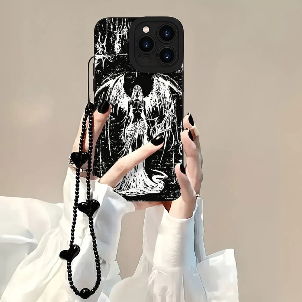 Anti-drop With Strap Y2K Dark Angel Phone Case For iPhone 17 16 15 14 13 12 11 Pro Max X XS XR 16E 16 15 14 Plus TPU Lens Cover