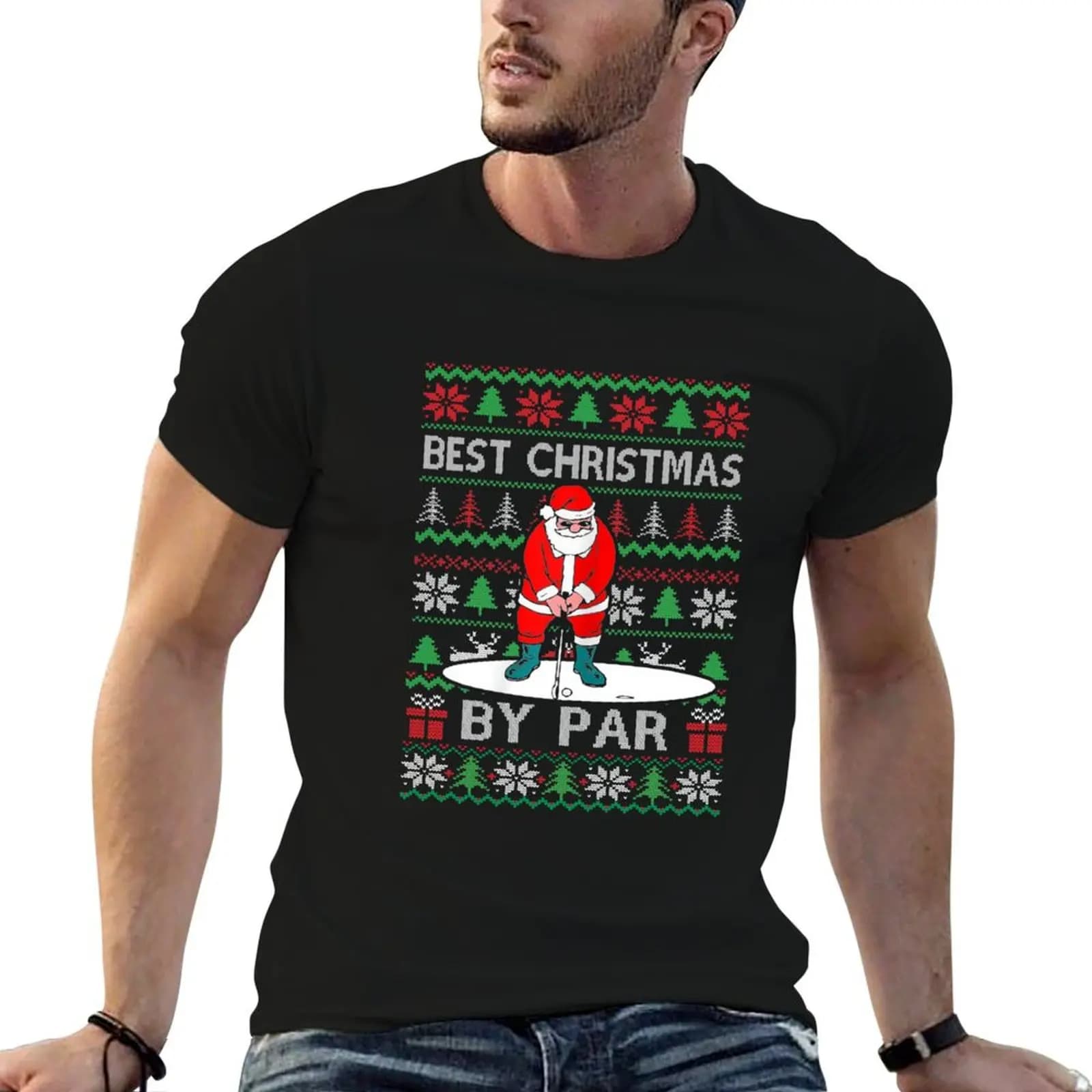 Ugly Christmas Golf Santa Claus Best Christmas By Par T-Shirt Tough Fabric Work Tee