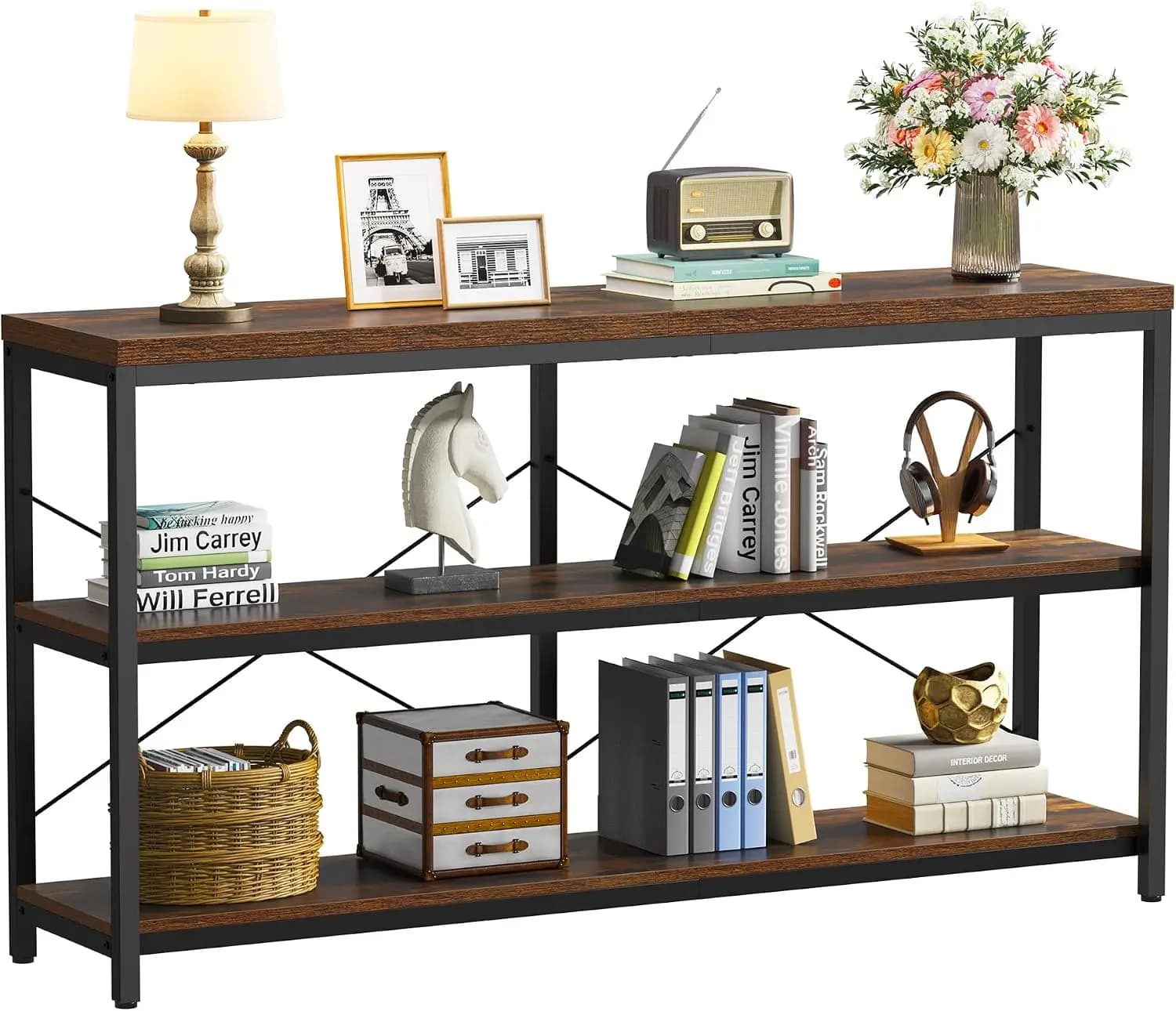 3-Tier Industrial Bookshelf, Wide Wood Horizontal Bookcase, Open Large Book Shelf with Metal Frame, Display Rack Shelving Unit, Storage Organizer for Living Room, Bedroom & Study, Brown