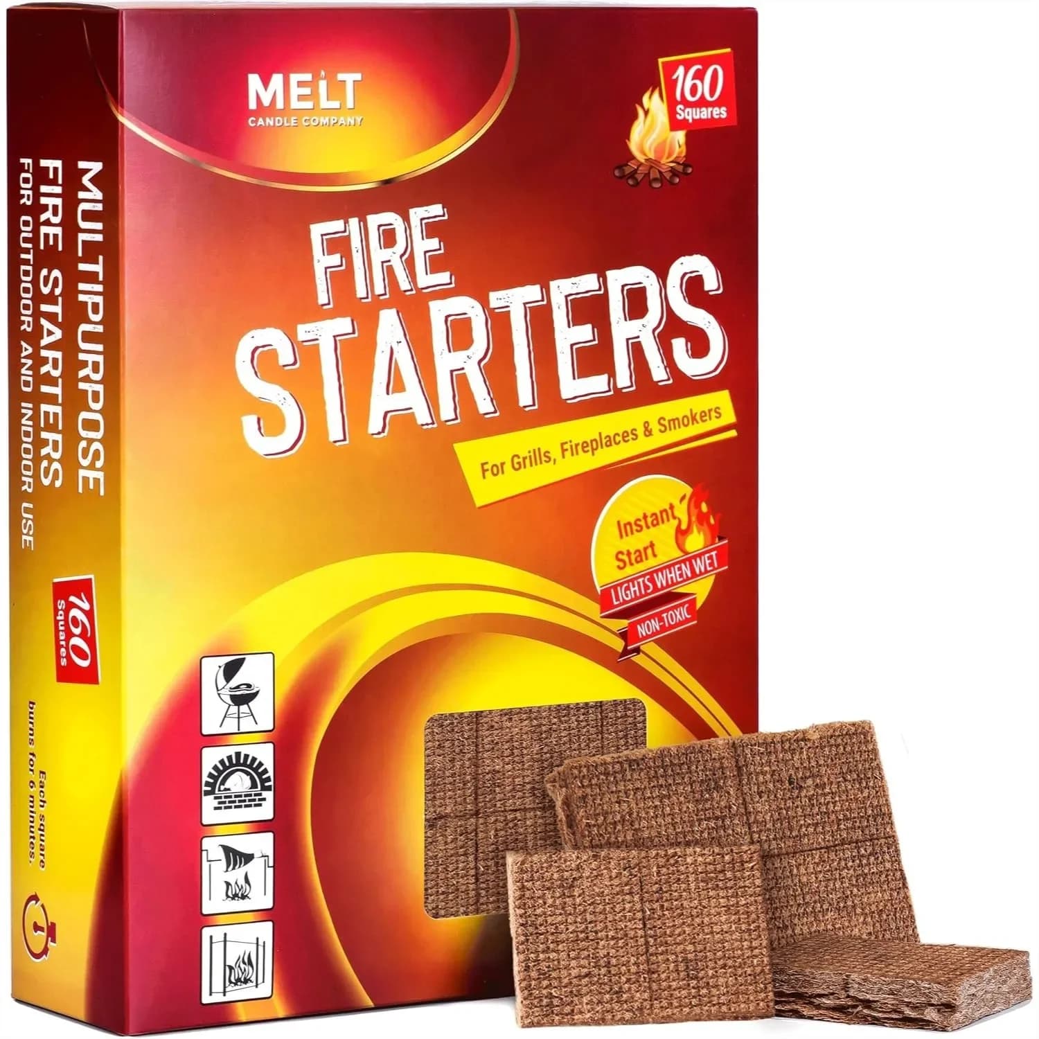 Fire Starter Squares 160 Pcs Charcoal Fire Starters For Campfires Grill Outdoor Pit Fireplace Wood Stove BBQ Firestarter Sticks Water Resistant Odorless Camping Accessories Essentials