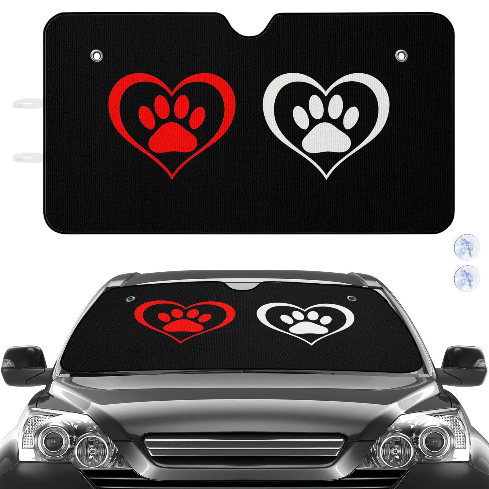 Car Windshield Sun Shade | Black Heart Paw Print Design, Aluminum Material, Universally Applicable For Vehicle Protection