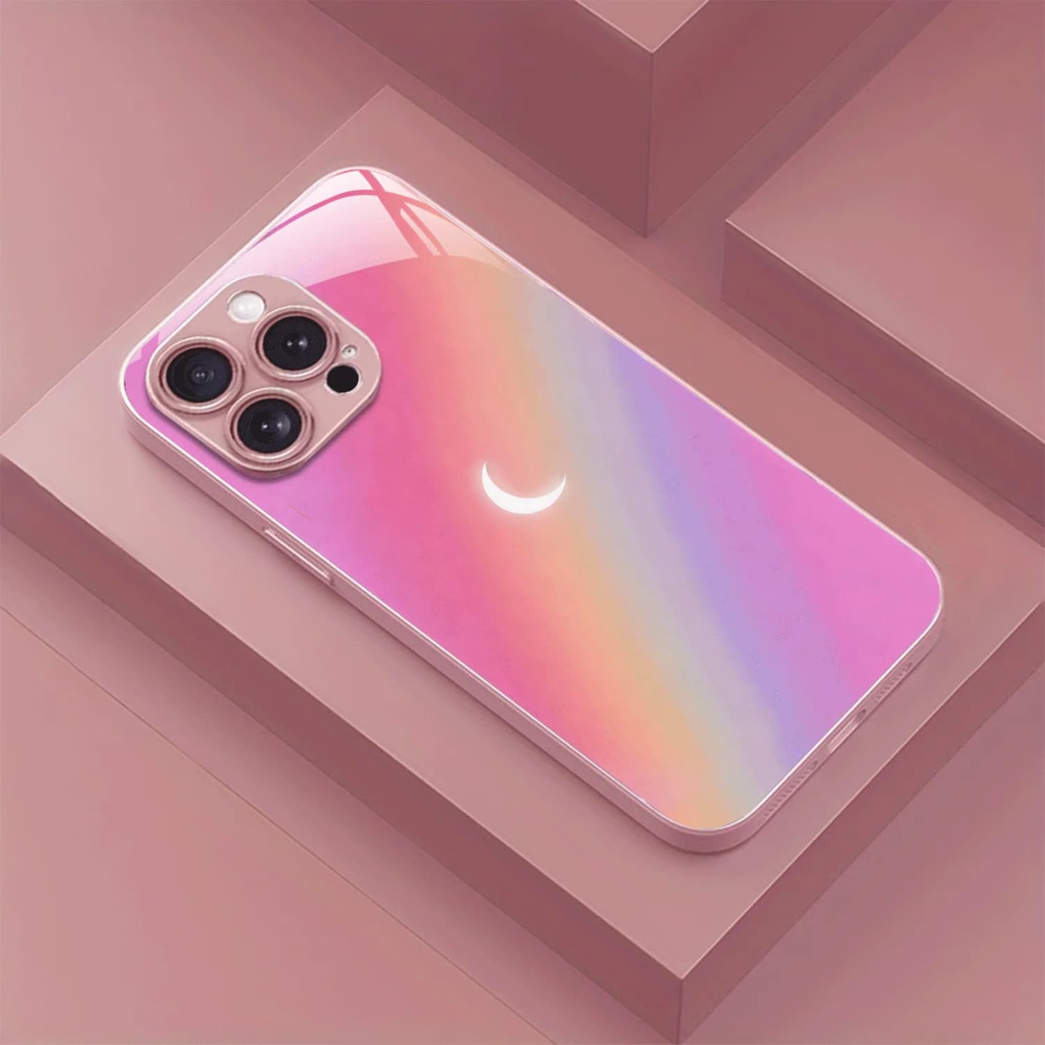 Crescent Rainbow Powder Metallic Paint Pink Phone Case for iPhone 17/16/16ProMax/15/14/13/12ProMax/11/11Pro Anti-drop protection
