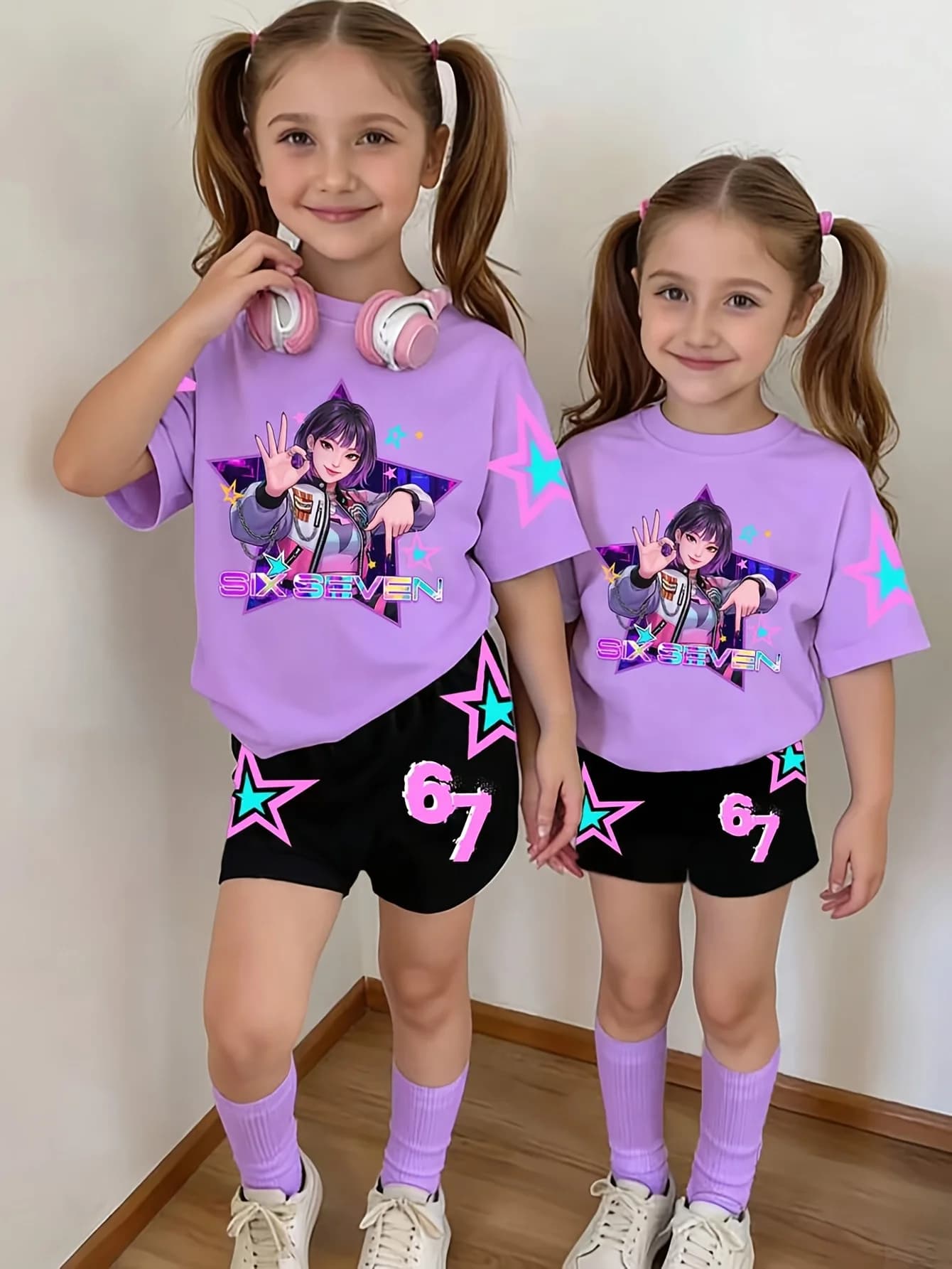 2-piece Kpop Style Summer Children's Comfortable Short sleeved Shorts Set For Girls Casual Home And Outdoor Set