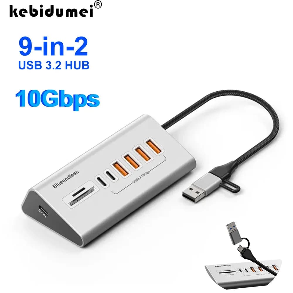 Docking station hub USB da 10 Gbps Splitter USB 3.2 tipo C con lettore di schede Interruttore multi 8/9 porte in lega di alluminio per PC portatile