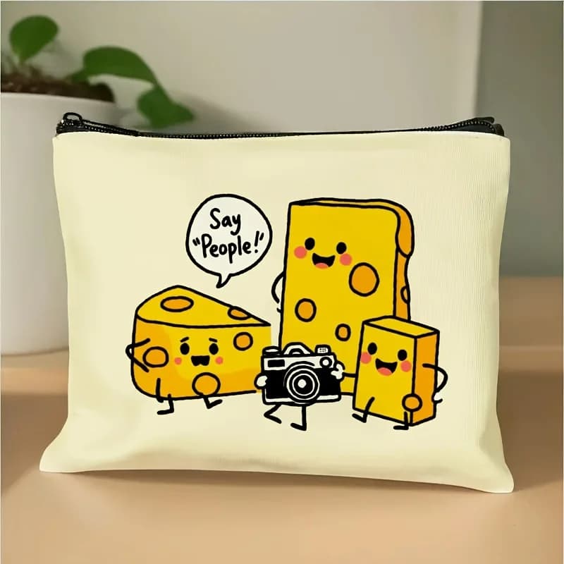 Borsa per il trucco con stampa di formaggio e fotocamera in stile cartone animato, 1 pezzo - Pochette multifunzionale con cerniera per donna, borsa portaoggetti per gioielli, borsa da viaggio perfetta con cerniera, divertente regalo di compleanno