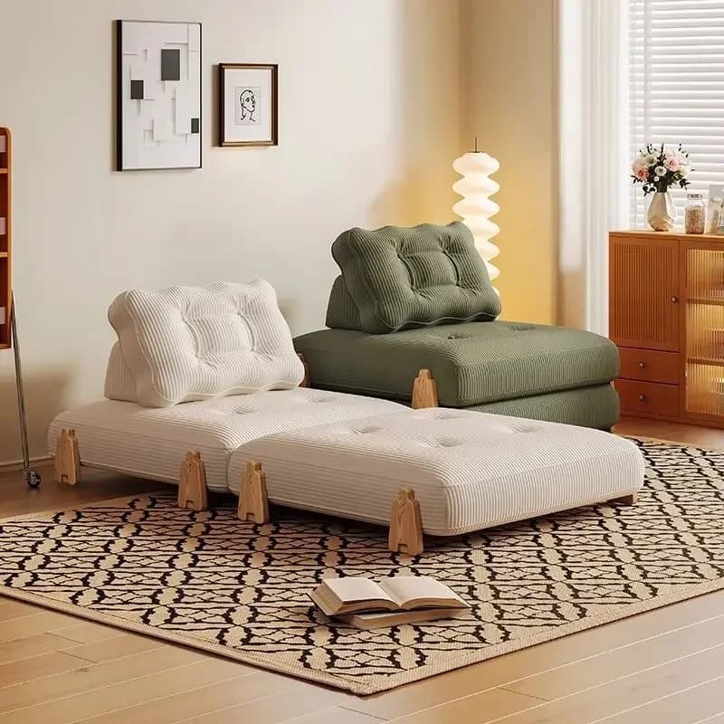 Letto singolo multifunzione in legno massello per piccoli appartamenti, divano pigro color crema per soggiorno, modulare pieghevole a blocchi componibili.