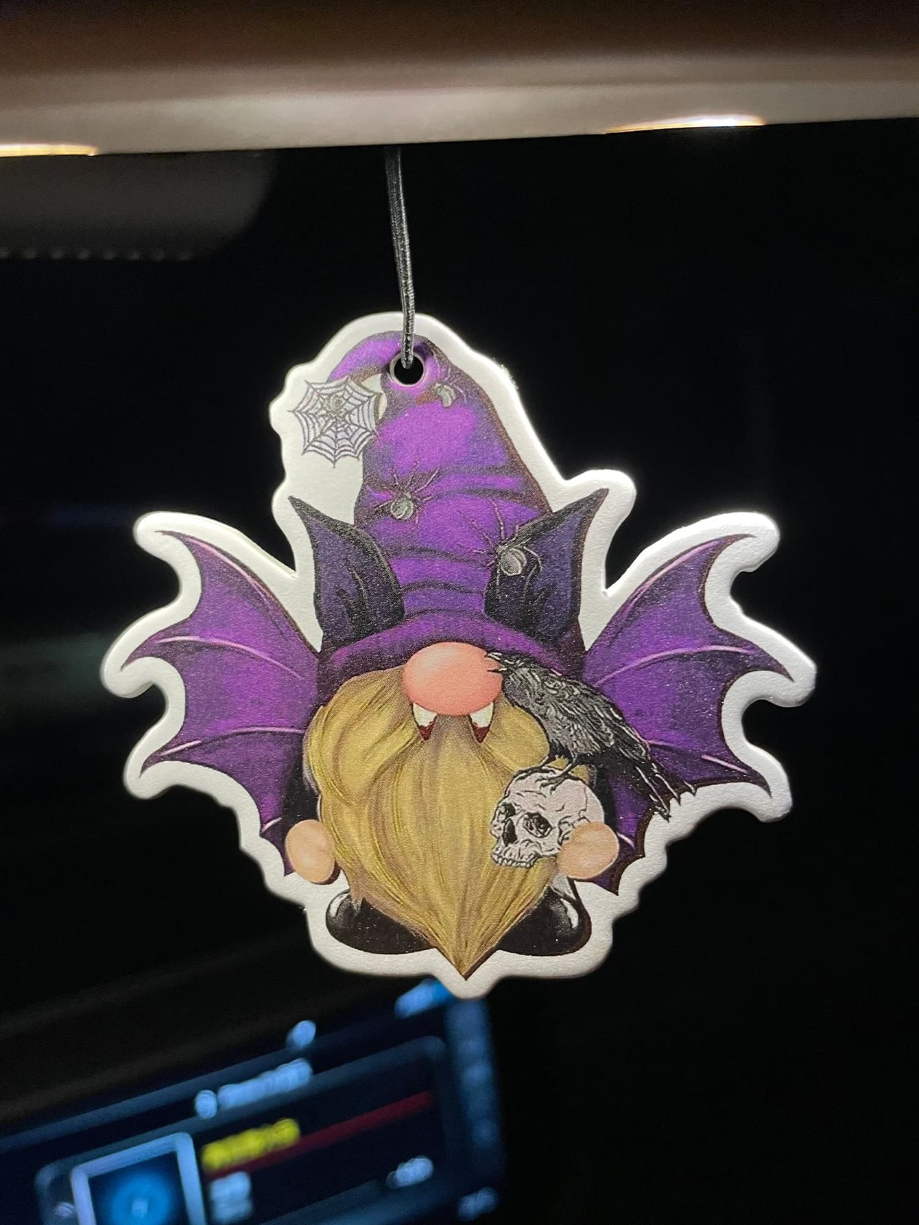 Halloween Gnome With Bat Wings Spider Web Raven Skull Hanging Car Air Freshener, Spooky Gothic Gnome Scented Paper Card, Natural