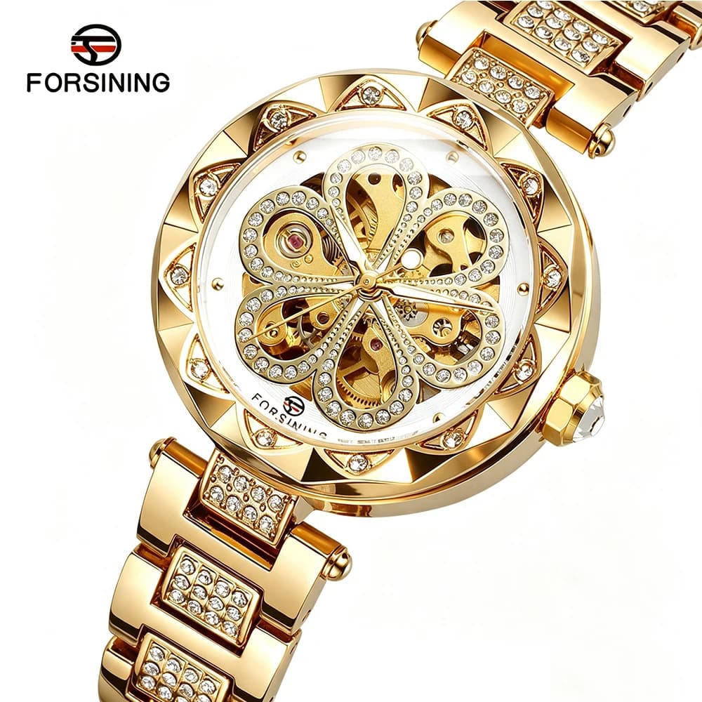 FORSINING Luxury Gold Women Automatic Mechanical Watches Waterproof Luminous Diamond Bezel Stainless Steel Elegant Ladies Clock
